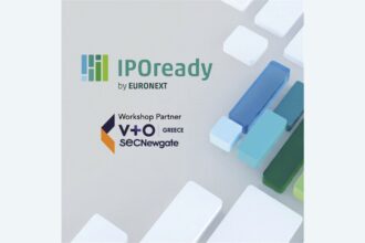 Το λογότυπο του IPOready της Euronext και η V+O Greece SEC Newgate ως Workshop Partner