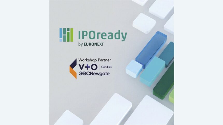 Το λογότυπο του IPOready της Euronext και η V+O Greece SEC Newgate ως Workshop Partner