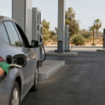 Συμβολική σύνθεση με ανεφοδιασμό αυτοκινήτου σε πρατήριο καυσίμων