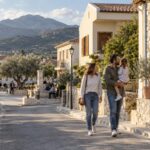 Νεαρή οικογένεια σε δρόμο κυπριακής κοινότητας με κατοικίες