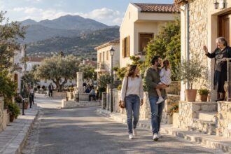 Νεαρή οικογένεια σε δρόμο κυπριακής κοινότητας με κατοικίες