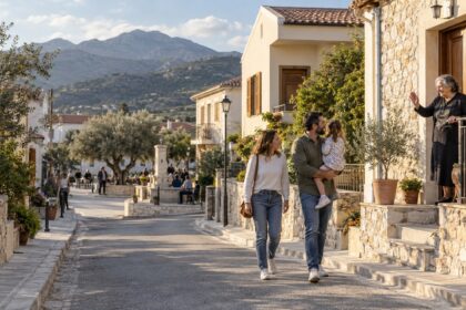 Νεαρή οικογένεια σε δρόμο κυπριακής κοινότητας με κατοικίες