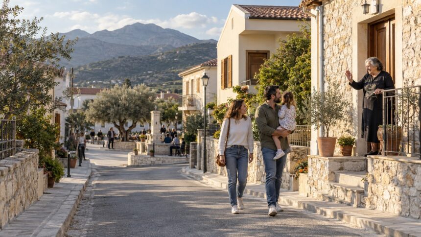 Νεαρή οικογένεια σε δρόμο κυπριακής κοινότητας με κατοικίες