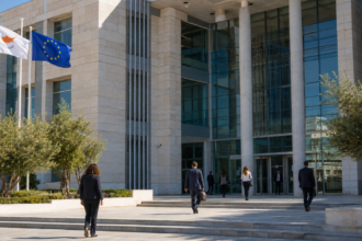 Κτήριο διοίκησης με κυπριακή και ευρωπαϊκή σημαία