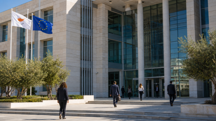 Κτήριο διοίκησης με κυπριακή και ευρωπαϊκή σημαία
