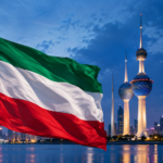 Σημαία του Κουβέιτ και Kuwait Towers στο σούρουπο, συμβολική εικονογράφηση με AI