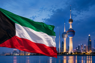 Σημαία του Κουβέιτ και Kuwait Towers στο σούρουπο, συμβολική εικονογράφηση με AI