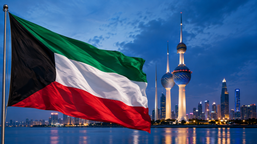 Σημαία του Κουβέιτ και Kuwait Towers στο σούρουπο, συμβολική εικονογράφηση με AI