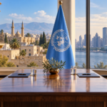 Συμβολική σύνθεση με τραπέζι διαπραγματεύσεων, σημαία του ΟΗΕ, Λευκωσία και Νέα Υόρκη