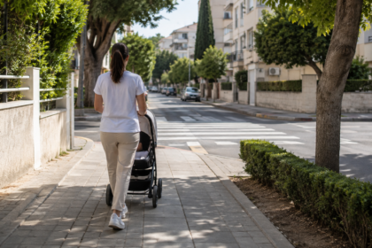 Συμβολική εικόνα γονιού με παιδικό καρότσι σε αστικό πεζοδρόμιο