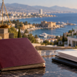 Συμβολική απεικόνιση διαβατηρίου και δικαστικής διαδικασίας με φόντο κυπριακή παραθαλάσσια πόλη