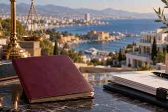 Συμβολική απεικόνιση διαβατηρίου και δικαστικής διαδικασίας με φόντο κυπριακή παραθαλάσσια πόλη