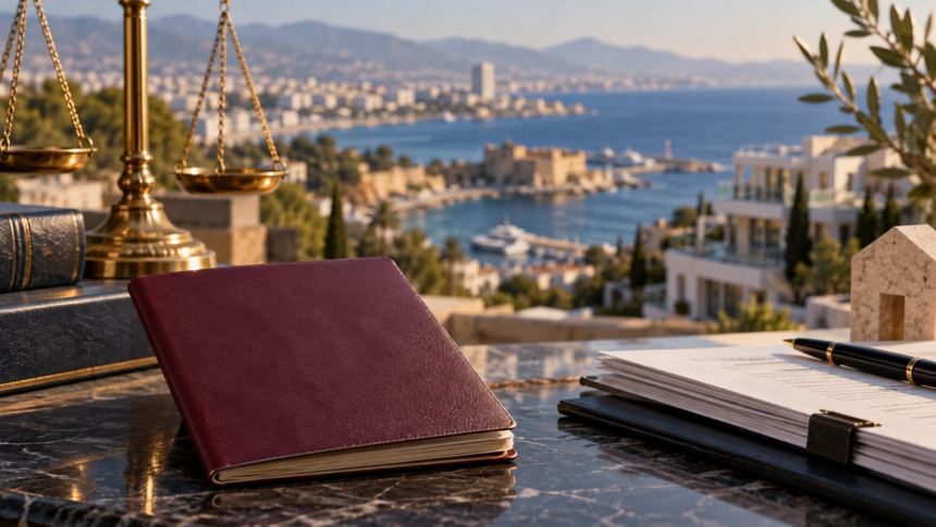 Συμβολική απεικόνιση διαβατηρίου και δικαστικής διαδικασίας με φόντο κυπριακή παραθαλάσσια πόλη