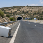 Συμβολική απεικόνιση κλειστού αυτοκινητόδρομου με ψυγείο στο έρεισμα και οχήματα έκτακτης ανάγκης κοντά σε σήραγγα