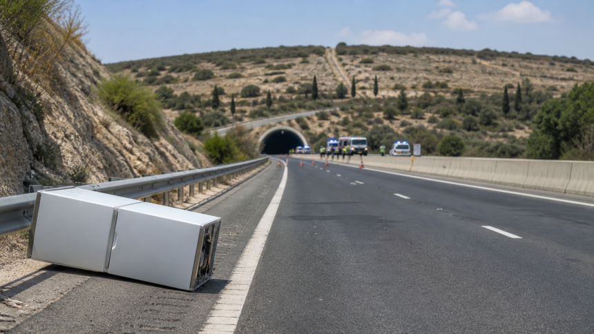 Συμβολική απεικόνιση κλειστού αυτοκινητόδρομου με ψυγείο στο έρεισμα και οχήματα έκτακτης ανάγκης κοντά σε σήραγγα