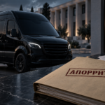 Συμβολική σύνθεση με μαύρο βαν και κλειστό φάκελο με την ένδειξη ΑΠΟΡΡΗΤΟ