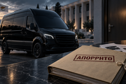 Συμβολική σύνθεση με μαύρο βαν και κλειστό φάκελο με την ένδειξη ΑΠΟΡΡΗΤΟ