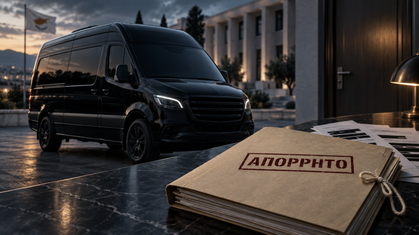 Συμβολική σύνθεση με μαύρο βαν και κλειστό φάκελο με την ένδειξη ΑΠΟΡΡΗΤΟ