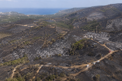 Αεροφωτογραφία καμένης μεσογειακής έκτασης με ζώνες πυροπροστασίας
