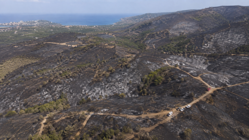 Αεροφωτογραφία καμένης μεσογειακής έκτασης με ζώνες πυροπροστασίας