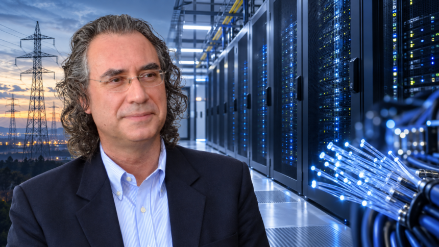 Μιχάλης Α. Παπαδόπουλος σε θεματικό κολάζ με κέντρο δεδομένων, ηλεκτρικά δίκτυα και οπτικές ίνες