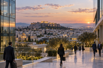 Εικονογραφική άποψη της Αθήνας με γραφεία και την Ακρόπολη στο βάθος