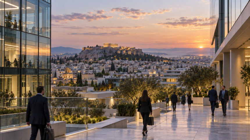 Εικονογραφική άποψη της Αθήνας με γραφεία και την Ακρόπολη στο βάθος