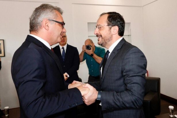 Ο Νίκος Χριστοδουλίδης και ο Τουφάν Έρχιουρμαν σε χειραψία