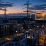 Data center με ηλεκτρικό υποσταθμό και διεθνή σύνοδο που συμβολίζουν την παγκόσμια μάχη ισχύος για την AI