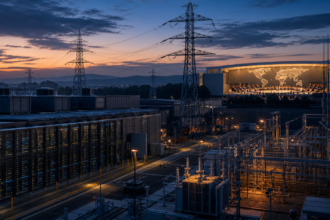 Data center με ηλεκτρικό υποσταθμό και διεθνή σύνοδο που συμβολίζουν την παγκόσμια μάχη ισχύος για την AI