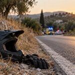 Κράνος μοτοσικλέτας στην άκρη επαρχιακού δρόμου με όχημα έκτακτης ανάγκης στο βάθος