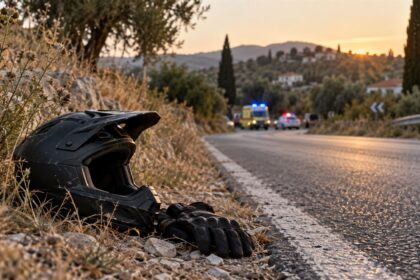 Κράνος μοτοσικλέτας στην άκρη επαρχιακού δρόμου με όχημα έκτακτης ανάγκης στο βάθος