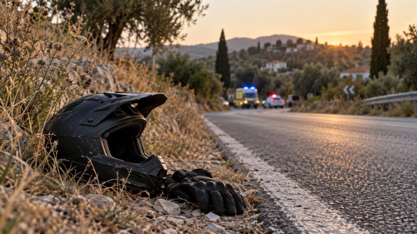 Κράνος μοτοσικλέτας στην άκρη επαρχιακού δρόμου με όχημα έκτακτης ανάγκης στο βάθος