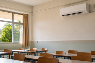Συμβολική εικόνα άδειας σχολικής αίθουσας με κλιματιστικό, δημιουργημένη με τεχνητή νοημοσύνη