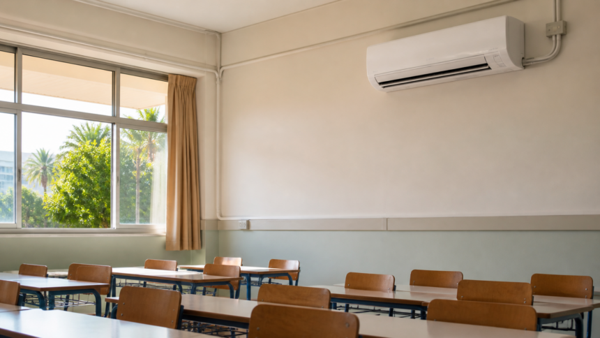 Συμβολική εικόνα άδειας σχολικής αίθουσας με κλιματιστικό, δημιουργημένη με τεχνητή νοημοσύνη