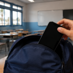 Συμβολική εικόνα απενεργοποιημένου κινητού που τοποθετείται σε σχολική τσάντα, χωρίς αναγνωρίσιμα πρόσωπα