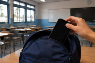 Συμβολική εικόνα απενεργοποιημένου κινητού που τοποθετείται σε σχολική τσάντα, χωρίς αναγνωρίσιμα πρόσωπα
