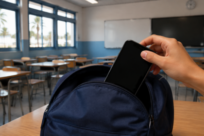 Συμβολική εικόνα απενεργοποιημένου κινητού που τοποθετείται σε σχολική τσάντα, χωρίς αναγνωρίσιμα πρόσωπα