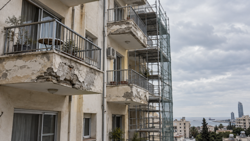 Εικονογραφική εικόνα παλιάς πολυκατοικίας με φθορά σε εξώστη