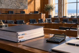 Εικονογραφική απεικόνιση εγγράφων κρατικού προϋπολογισμού σε αίθουσα συνεδριάσεων