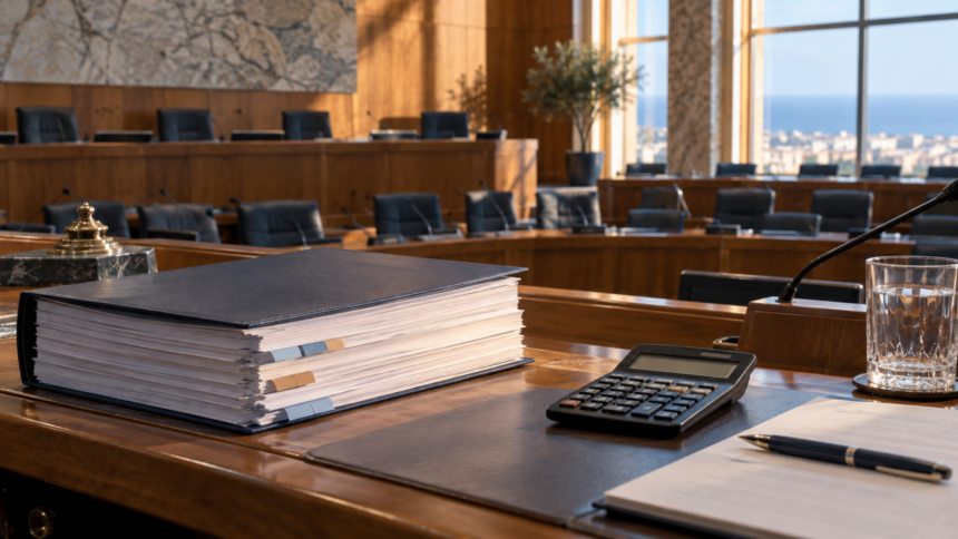 Εικονογραφική απεικόνιση εγγράφων κρατικού προϋπολογισμού σε αίθουσα συνεδριάσεων