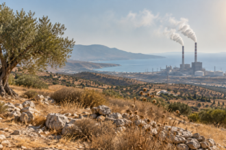 Εικονογραφική άποψη κυπριακού τοπίου με μονάδα ηλεκτροπαραγωγής στο βάθος