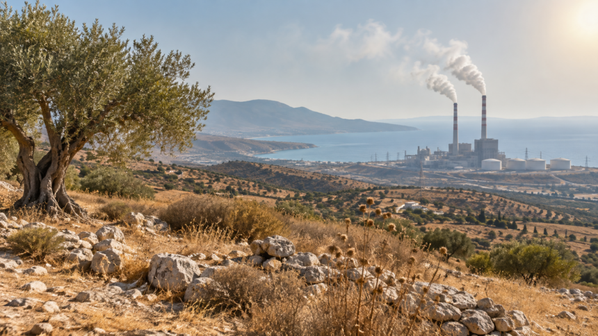 Εικονογραφική άποψη κυπριακού τοπίου με μονάδα ηλεκτροπαραγωγής στο βάθος
