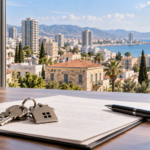 Εικονογραφική άποψη κυπριακής πόλης με κτίρια και σχέδιο ακινήτου