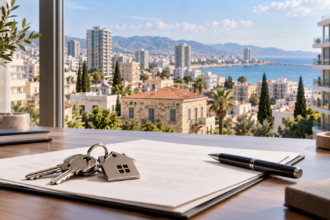 Εικονογραφική άποψη κυπριακής πόλης με κτίρια και σχέδιο ακινήτου