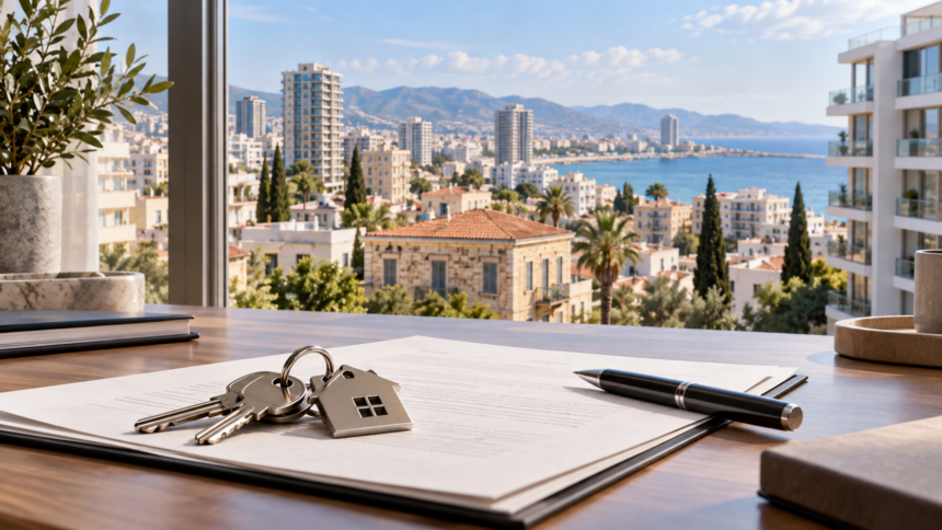 Εικονογραφική άποψη κυπριακής πόλης με κτίρια και σχέδιο ακινήτου