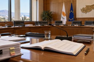 Ενδεικτική εικονογράφηση αίθουσας κοινοβουλευτικής επιτροπής με έγγραφα ελέγχου