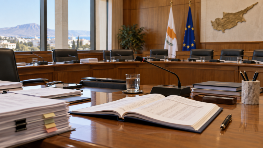 Ενδεικτική εικονογράφηση αίθουσας κοινοβουλευτικής επιτροπής με έγγραφα ελέγχου