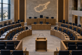Εικονογραφική άποψη κενής αίθουσας κοινοβουλευτικής συνεδρίασης