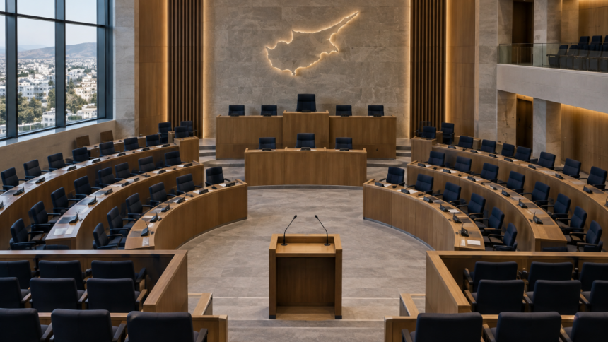 Εικονογραφική άποψη κενής αίθουσας κοινοβουλευτικής συνεδρίασης